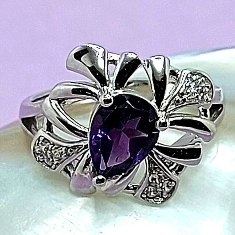 Natural Amethyst 8x6mm & Cz‎ 14K White Gold Plate 925 Sterling Silver Ring 6